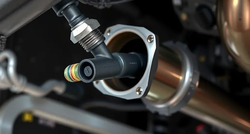 A close-up, detailed illustration of a lambda sensor being removed from an exhaust manifold of a car. The sensor should be clearly visible, showing its components and connections. The exhaust manifold should be realistically rendered, showing signs of use. Focus on the area around the sensor, highlighting the potential points of failure. The background should be blurred to emphasize the main subject. The overall lighting should be bright and even, suitable for technical documentation.