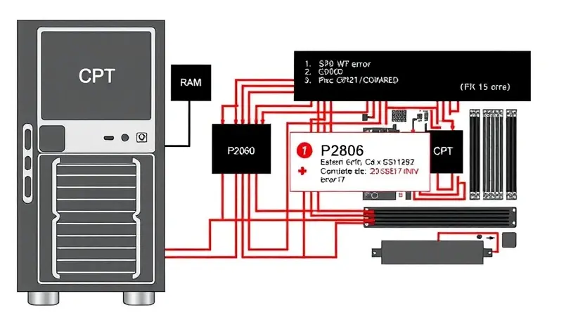 A detailed schematic diagram illustrating the P2806 error code in a computer system. The diagram should show the relevant components (CPU, RAM, motherboard, etc.) and highlight the area where the error is occurring. Include visual cues to represent the error, such as a red warning symbol or a broken circuit line. The background should be a clean, professional-looking white.