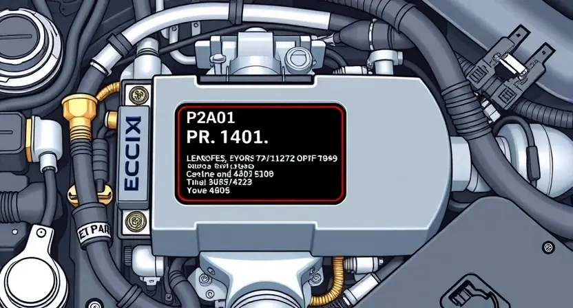 A detailed illustration of an automotive engine control unit (ECU) with a highlighted error code P2A01 displayed on a diagnostic screen. The ECU should be surrounded by various automotive components like sensors, wiring harnesses, and hoses. The diagnostic screen should clearly show the P2A01 code and related information.
