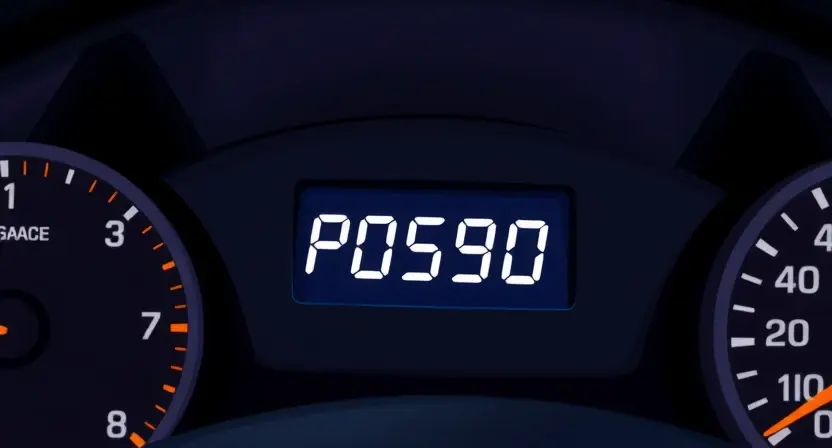 A close-up, detailed illustration of a car's dashboard showing a diagnostic trouble code (DTC) light illuminated. The code P0590 should be clearly visible on a digital display within the dashboard. The background should be slightly blurred to emphasize the dashboard.