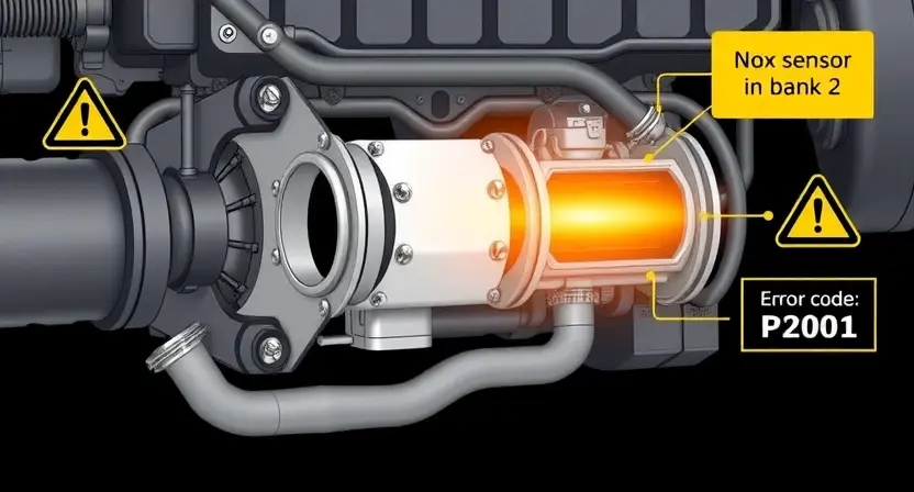 A high-quality technical illustration showing a diesel engine exhaust system with a glowing NOx sensor in bank 2, surrounded by warning signs and error code P2001, clean technical diagram style, no text or numbers on image