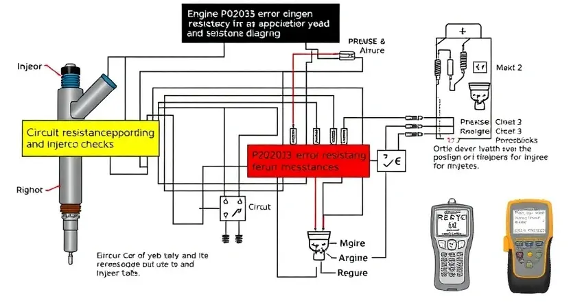A detailed schematic diagram of an engine fuel injector circuit, highlighting the P0203 error code and the associated circuit resistance and integrity checks. Include visual representations of the injector, wiring, and diagnostic tools.
