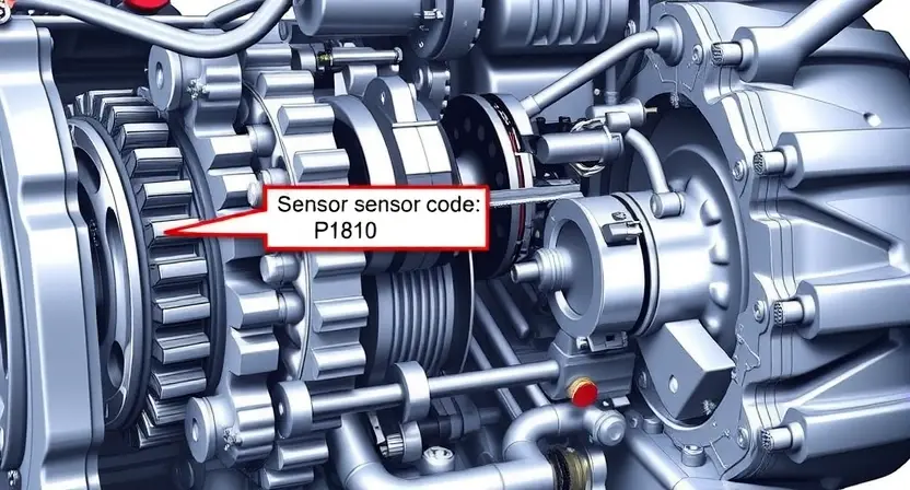 A detailed, realistic illustration of an automatic transmission system with a highlighted sensor or component related to the P1810 error code. Focus on the internal workings of the transmission, showing gears, fluid, and electronic components. The image should convey a sense of technical precision and diagnostic analysis.