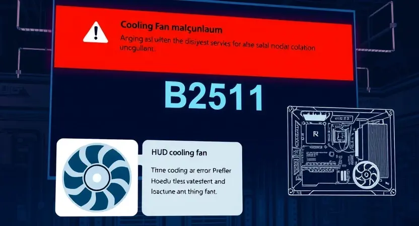 A detailed illustration of a projection display HUD showing an error message "B2511" related to a cooling fan malfunction. The HUD should display the error message prominently, along with visual representations of a cooling fan and a system diagram highlighting the fan's location. The background should be a dimly lit technical environment.