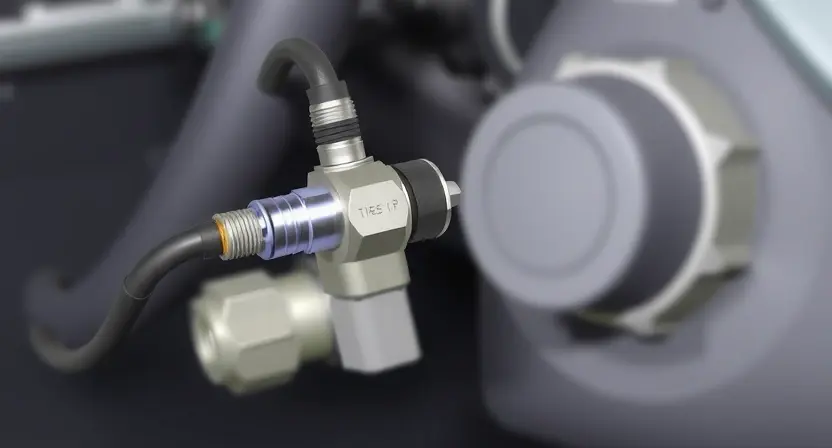 A close-up, detailed illustration of a differential pressure sensor connected to a vehicle's brake lines. The sensor should be clearly visible, with its wiring and connections highlighted. The background should show a blurred view of a car's interior, focusing on the brake pedal and dashboard area. The overall image should convey a sense of technical precision and automotive diagnostics.