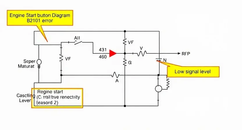 A detailed schematic diagram of an engine start button circuit, highlighting the B2101 error and the low signal level. Include visual representations of the circuit components (resistors, capacitors, transistors, etc.) and their connections. Focus on clarity and accuracy in depicting the electrical connections.