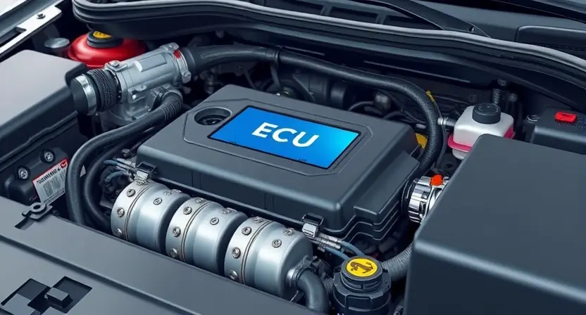 A close-up, detailed illustration of a car's engine bay, focusing on the engine control unit (ECU) and related sensors. The image should depict a clean, organized engine compartment with visible hoses, wires, and components. Highlight the ECU with a subtle glow or visual emphasis. The overall lighting should be bright and professional, showcasing the mechanical details.