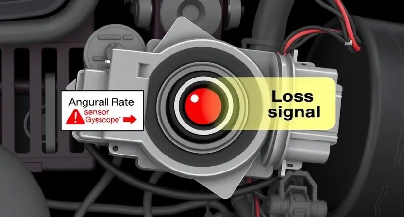 A high-quality technical illustration showing a vehicle's angular rate sensor (gyroscope) with a warning sign indicating loss of signal, surrounded by automotive system components like an ECU and wiring harness, rendered in the style "HQ-832-448-h"