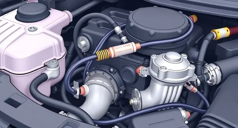 A detailed illustration of a car engine with a focus on the oxygen sensor and related components. The engine should be clean and well-lit, showcasing the sensor's position and connections. Include subtle visual cues representing exhaust gases and air intake.