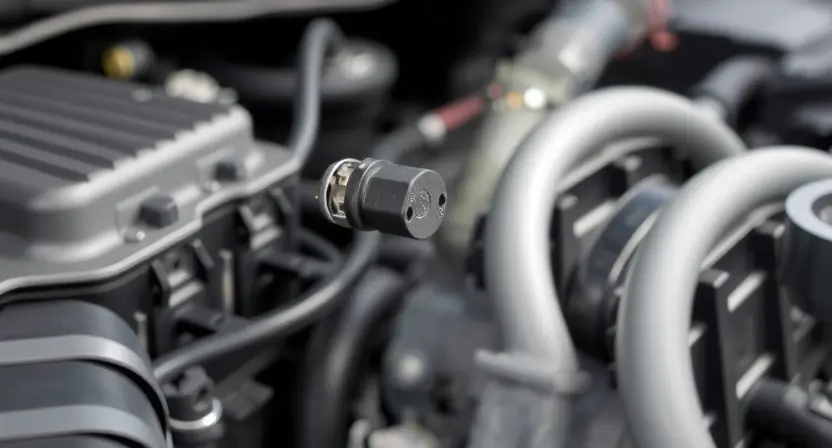 A close-up shot of a car's engine bay, focusing on the fuel temperature sensor. The sensor should be clearly visible, with wires and connectors around it. The background should be slightly blurred to emphasize the sensor. The overall lighting should be bright and even, highlighting the details of the sensor and its surroundings.