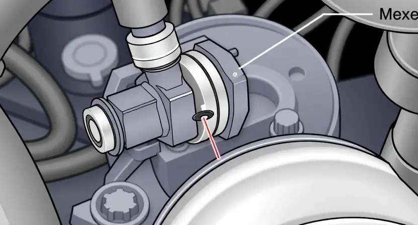 A close-up technical illustration of a brake pressure sensor circuit on a vehicle's hydraulic control unit, showing the sensor component and its electrical wiring connections with a focus on the circuit path, clean automotive engineering style, no text or labels