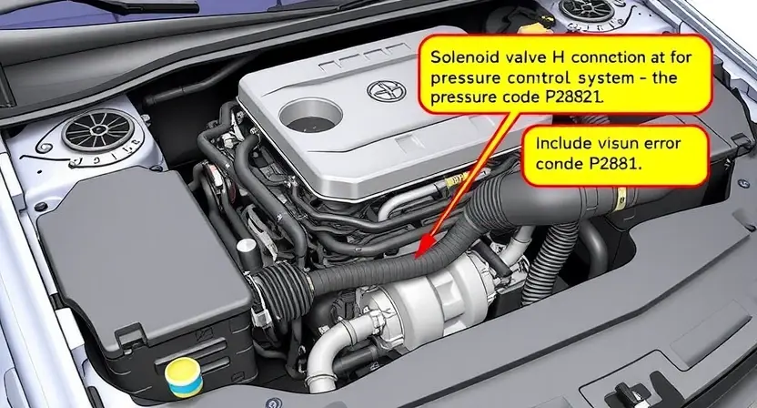 A detailed illustration of a car's engine bay, focusing on the solenoid valve (H) and its connection to the pressure control system. Include visual cues representing the error code P2821, such as a warning light or diagnostic display. The image should depict the solenoid valve's physical components and its role in regulating pressure within the engine.