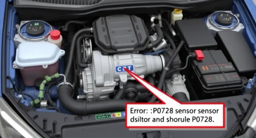 A detailed illustration of a car's engine bay, focusing on the transmission and related components. Include visual cues representing the P0728 error code, such as a highlighted sensor or a diagnostic tool displaying the code. The engine should be well-lit and clearly visible.