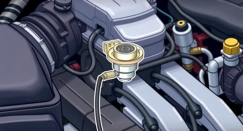 A detailed illustration of a car's engine bay, focusing on the coolant level sensor and its wiring. The sensor should be clearly visible, along with the associated wiring harness and connectors. Include visual cues indicating a potential fault, such as a slightly discolored sensor or a loose connection. The background should be a blurred view of the engine components.