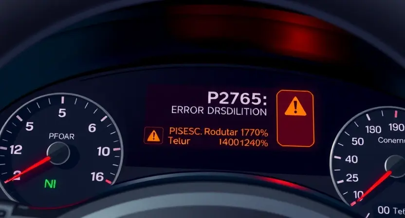 A detailed illustration of a car's dashboard with the P2765 error indicator illuminated. The dashboard should clearly show the warning light and accompanying text. The background should be a slightly blurred view of the car's interior. Focus on the error indicator and its visual representation.
