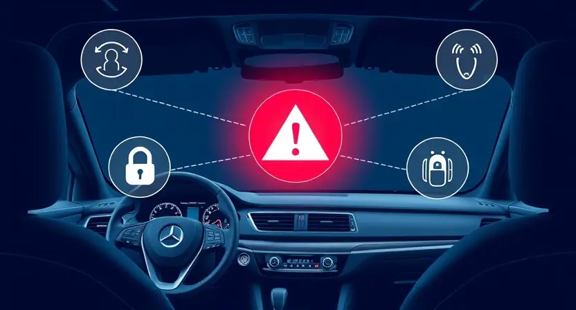 A high-quality technical illustration showing a modern car interior with a warning indicator light for anti-theft system failure, surrounded by subtle icons of security and connectivity, clean lines, professional lighting, no text or numbers on the image