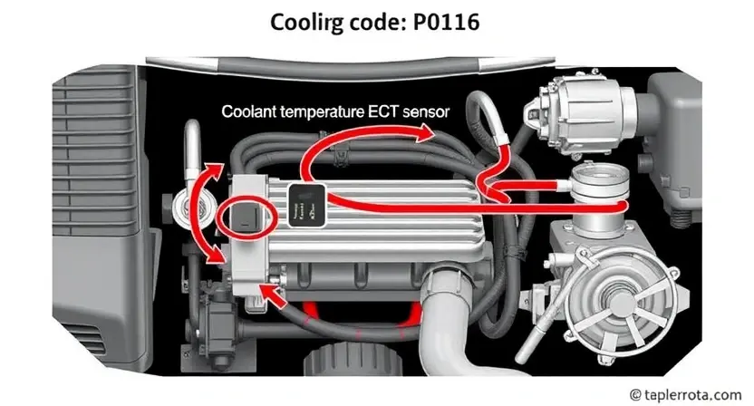 A detailed diagram illustrating the P0116 error code in a car's cooling system. The diagram should clearly show the coolant temperature sensor, its location in the engine, the engine coolant temperature (ECT) sensor signal path, and the relevant engine components (radiator, thermostat, water pump). Use arrows to indicate the flow of coolant and electrical signals. Highlight the sensor itself. The overall image should be clean and informative, suitable for a repair manual.