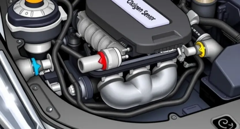 A detailed illustration of a car's engine bay with a focus on the oxygen sensor and related components. The image should clearly show the sensor's location and its connection to the engine. Include subtle visual cues representing exhaust gases and air flow. The overall aesthetic should be clean and informative, suitable for a technical guide.