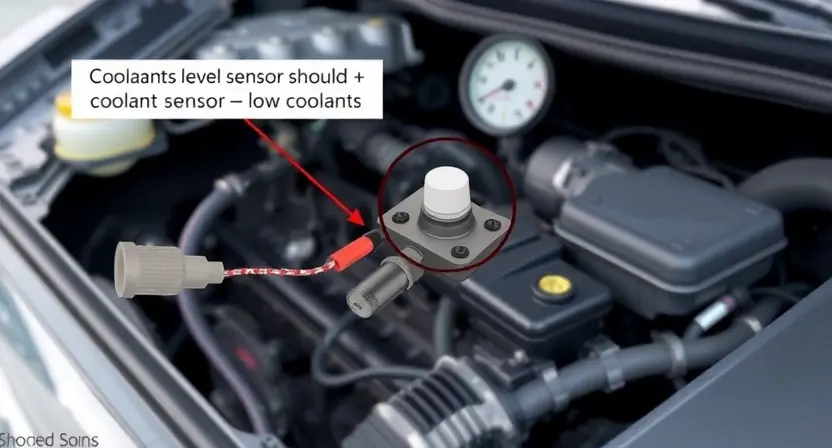 A detailed illustration of a car's engine bay, focusing on the coolant level sensor. The sensor should be clearly visible, connected to wiring and a temperature gauge. Show potential issues like a faulty sensor or a low coolant level. The background should be slightly blurred to emphasize the sensor.