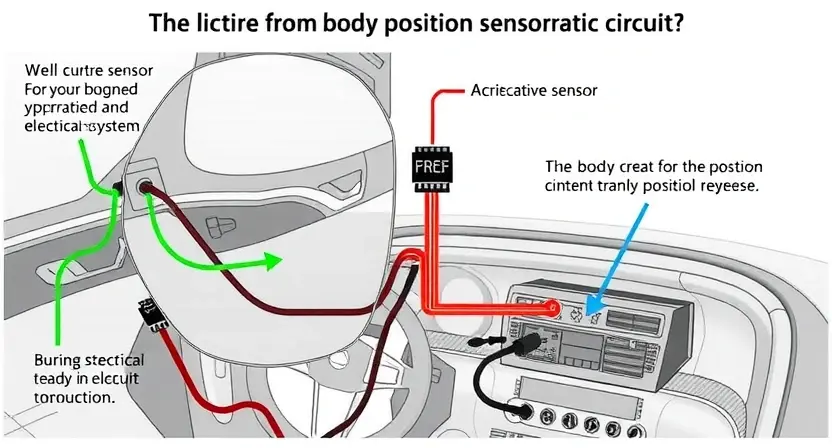 A detailed illustration of a car's body position sensor circuit, highlighting the key components such as the sensor, wiring, and connectors. The image should show the sensor mounted on the car's body and the wiring connected to the car's electrical system. The illustration should be clear and technical, focusing on the components and their connections.