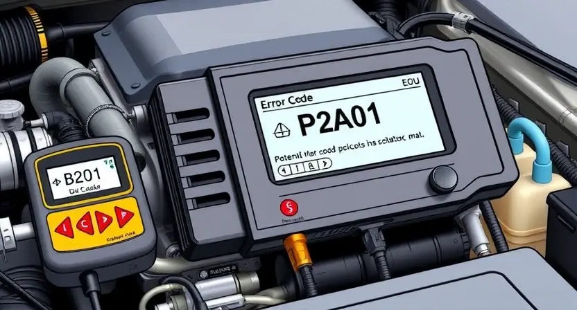 A detailed illustration of an automotive engine control unit (ECU) with diagnostic tools connected, highlighting a potential error code display. The ECU should be realistically rendered, and the diagnostic tools should be clearly visible. Focus on the visual representation of the error code P2A01 on a screen within the ECU.