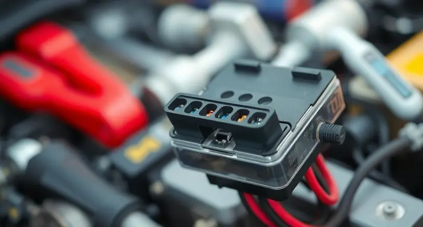 A close-up, detailed image of an automotive engine control unit (ECU) relay being inspected. Focus on the relay's terminals and wiring connections. The background should be a slightly blurred automotive repair shop environment with tools subtly visible. The lighting should be bright and even, highlighting the components. The overall impression should be technical and informative, suitable for a repair manual.