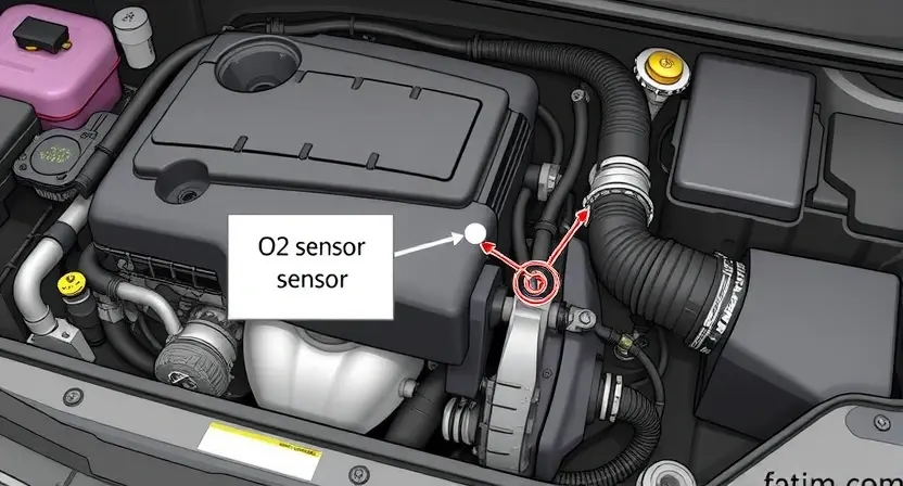 A detailed illustration of a car's engine bay, specifically highlighting the O2 sensor and related wiring. The engine should be partially visible, showing a clean and organized layout. Focus on the sensor's location and connections.