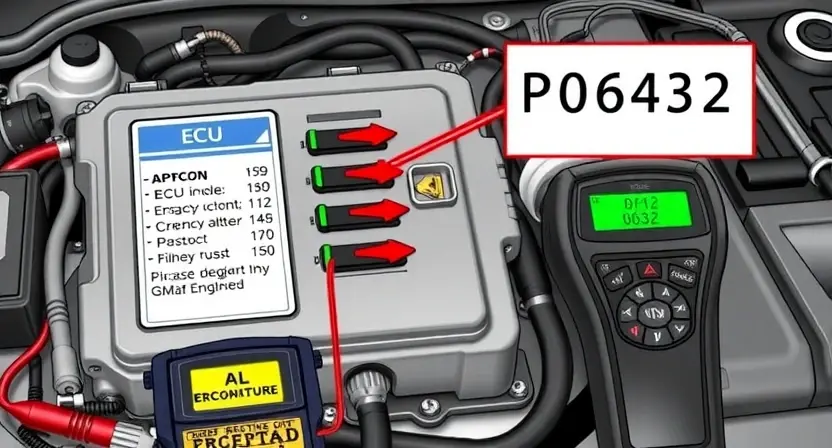 A detailed illustration of a car's engine control unit (ECU) with various diagnostic tools connected, highlighting the P0632 error code indicator. The background should be a clean, technical environment.