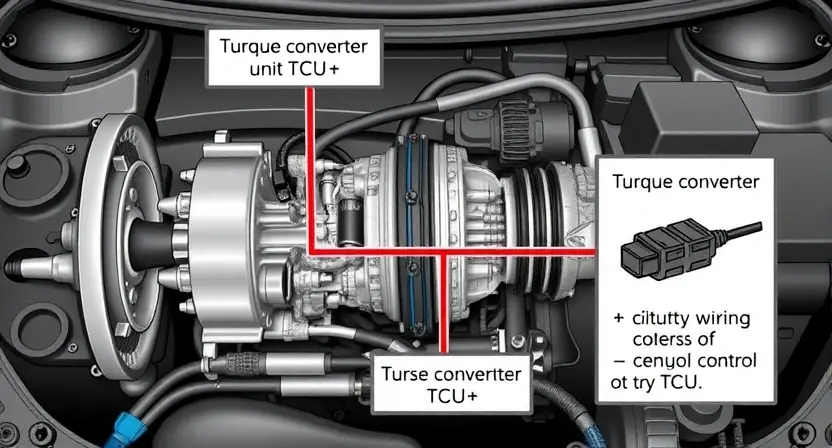 A detailed diagram illustrating a car's transmission system, specifically highlighting the torque converter and its connection to the transmission control unit (TCU). Show the wiring harness and sensor connections related to the torque converter. Focus on the physical components and their arrangement within the engine compartment. The image should be clean and technical, emphasizing the diagnostic aspects of a U0114 error.