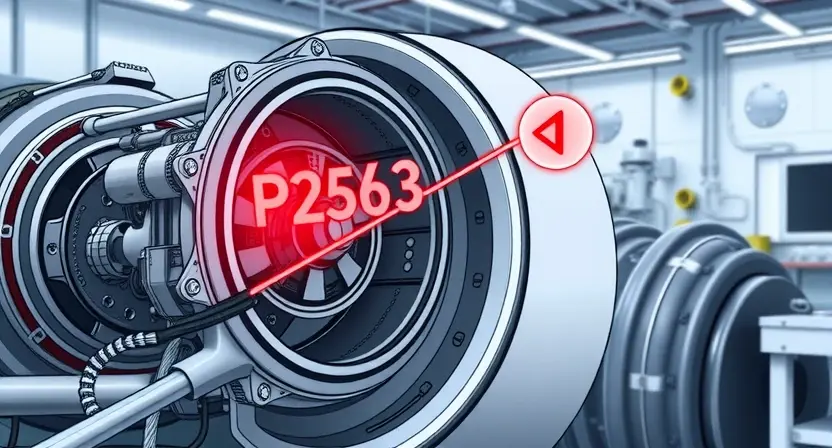 A detailed illustration of a turbine actuator with a highlighted P2563 error indicator. The actuator should be complex, showing internal components like sensors, wiring, and a control mechanism. The P2563 indicator should be clearly visible, perhaps with a red glow or warning symbol. The background should be a clean, technical environment, possibly a workshop or engine room.