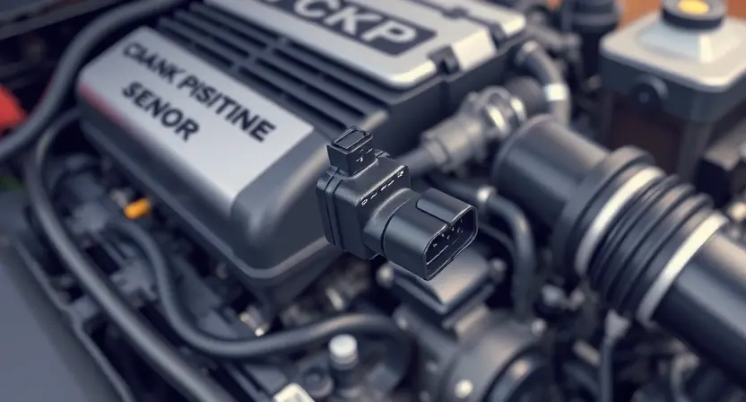 A detailed illustration of an engine bay with a close-up focus on the crankshaft position sensor (CKP). The sensor should be clearly visible, along with wiring and connectors. The background should be slightly blurred to emphasize the sensor. The image should depict a modern car engine.