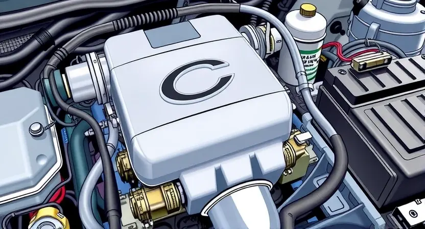 A detailed illustration of an automotive engine bay, focusing on the catalytic converter and oxygen sensors. The catalytic converter should be clearly visible, with the oxygen sensors positioned near it. Wires and hoses should be depicted realistically, showing connections to the engine control unit (ECU). The overall lighting should be bright and even, highlighting the components.