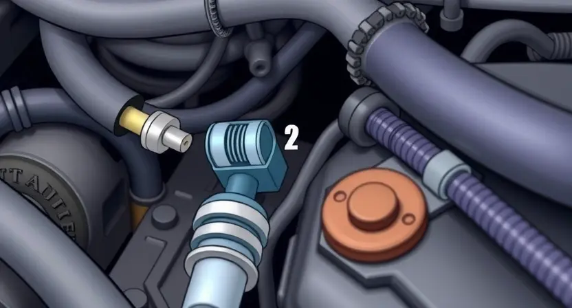 A close-up, detailed illustration of a car's engine bay, focusing on the coolant temperature sensor and surrounding components. The sensor should be clearly visible, with hoses and wiring connected. The overall image should convey a sense of automotive mechanics and diagnostics.