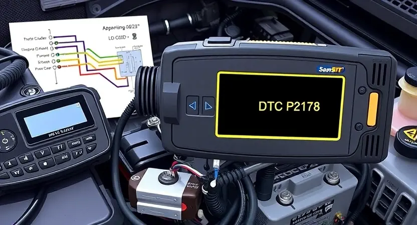 A close-up, detailed illustration of an engine control unit (ECU) with highlighted diagnostic trouble code (DTC) P2178. The ECU should be surrounded by relevant automotive diagnostic tools like a scan tool displaying the error code and a wiring diagram. Focus on the electronic components and connections within the ECU. The background should be a clean, professional automotive repair environment.