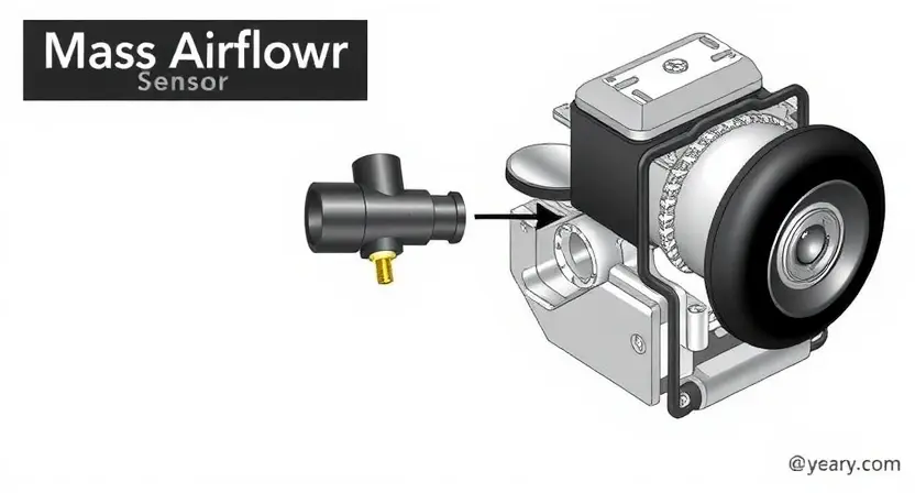 A detailed diagram illustrating a car's engine control system, highlighting the mass airflow sensor (MAF) and its connection to the engine. Focus on the sensor's physical appearance and its position within the intake manifold. Include arrows indicating airflow direction. The background should be a clean, neutral color.