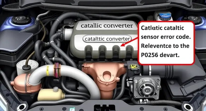 A detailed illustration of an automotive engine bay with a focus on the catalytic converter and associated components. The catalytic converter should be clearly visible, with visual cues indicating potential issues (e.g., discoloration, damage). Include wiring and sensors relevant to the P0256 error code.