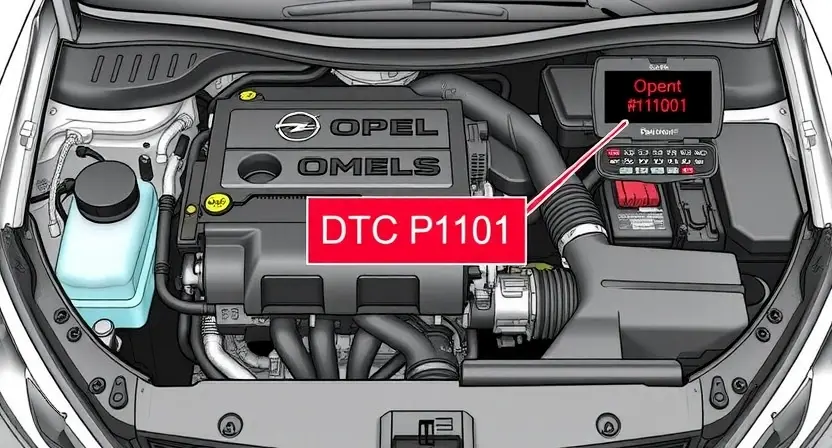 A detailed illustration of an Opel or Chevrolet car engine bay, highlighting the diagnostic trouble code (DTC) P1101. Focus on the engine components, wiring, and a clear visual representation of the error code displayed on a dashboard or diagnostic tool.
