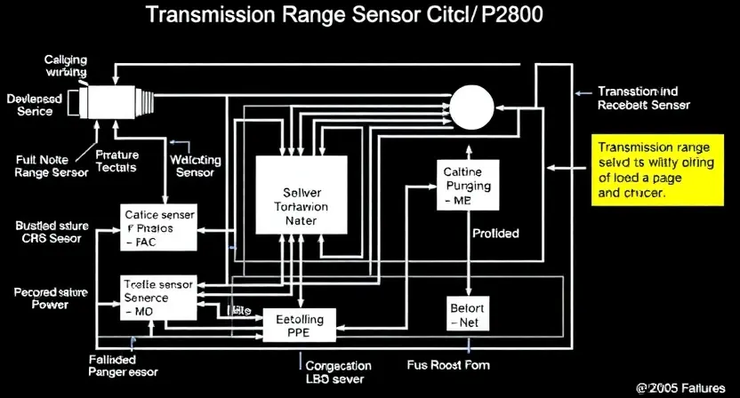 A detailed schematic diagram of a transmission range sensor circuit, highlighting the P2800 error code. Include visual representations of the sensor, wiring, and potential failure points. The diagram should be clean, well-labeled, and easy to understand.