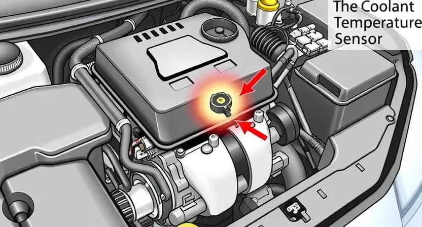 A detailed illustration of a car engine bay with a clear focus on the coolant temperature sensor. The sensor should be highlighted with a glowing effect, and arrows should point to the engine block and coolant hoses, indicating the sensor's location and function. The overall scene should be clean and well-lit, emphasizing the technical aspects of the engine.