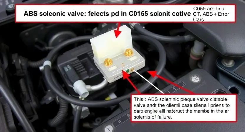 A detailed close-up of an ABS solenoid valve and its wiring harness within a car's engine bay. Focus on the electrical connections and potential points of failure. The image should highlight the components involved in the C0155 error code related to the solenoid circuit.