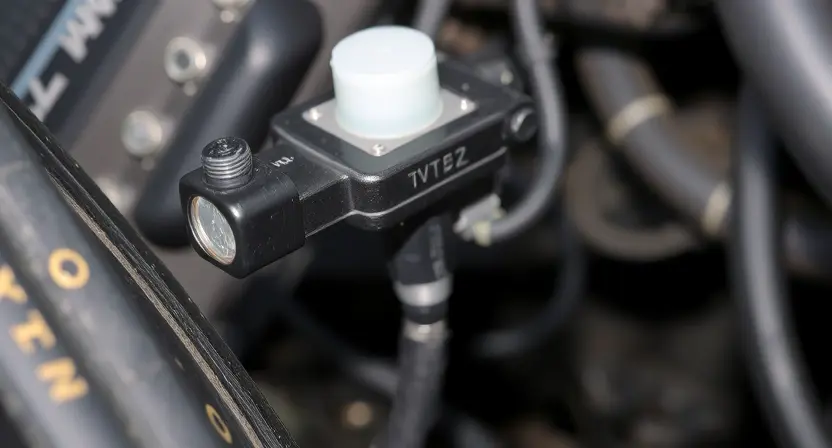 A close-up, detailed photograph of an ABS solenoid valve and its associated wiring harness. The focus should be on the electrical connections and the solenoid itself. Show the wiring connections to the solenoid, highlighting any potential points of corrosion or damage. Include a glimpse of the surrounding vehicle interior, subtly suggesting the location of the solenoid within the ABS system. The image should convey a sense of technical inspection and repair.