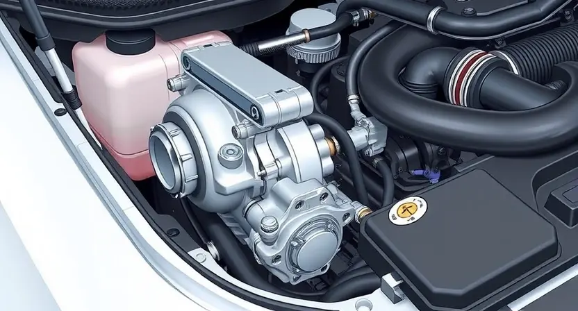 A close-up, detailed illustration of a car's engine bay. Focus on the power steering pump and associated hoses. The engine should appear clean and well-maintained. The lighting should be bright and even, highlighting the mechanical components.