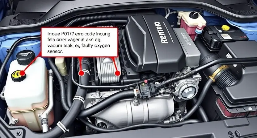 A detailed illustration of an automotive engine bay with a focus on the fuel system. Include a diagram highlighting the P0179 error code and its potential causes (e.g., vacuum leak, faulty oxygen sensor). The engine should be realistically rendered with visible components like hoses, sensors, and the intake manifold.