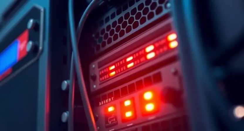 A close-up, detailed illustration of a computer server rack with blinking lights, representing a technical issue. Focus on the server hardware and network cables. The overall mood should be serious and problem-solving oriented.