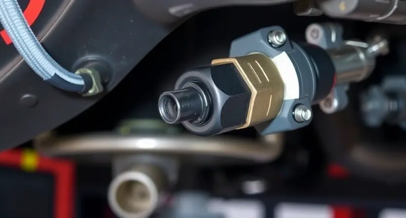 A close-up, detailed image of a car's exhaust system, specifically focusing on the oxygen sensor (lambda sensor). The sensor should be clearly visible, along with some of the surrounding wiring and exhaust pipe. The background should be blurred, suggesting a garage or automotive repair shop environment. The overall lighting should be bright and focused on the sensor.