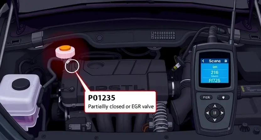 A detailed illustration of a car's engine bay with a check engine light illuminated. Focus on the diagnostic trouble code (P0125) displayed on a scan tool. Include visual cues representing the issue, such as a partially closed or malfunctioning EGR valve. The overall aesthetic should be informative and slightly technical, emphasizing the car's internal components.