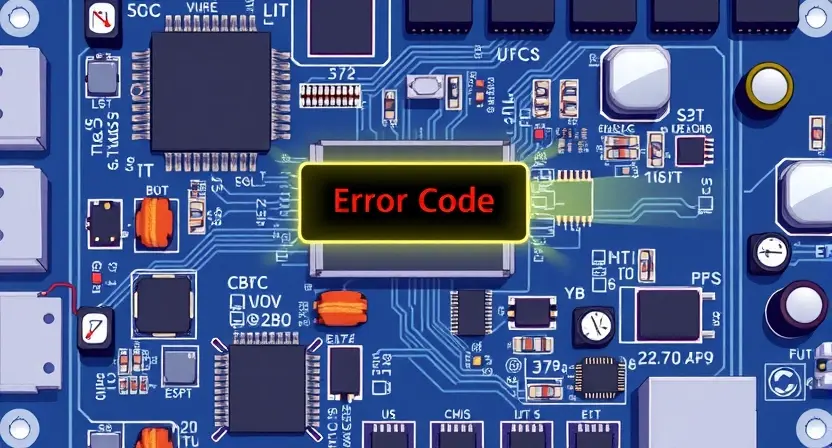 A detailed illustration of a circuit board with various electronic components, highlighting a specific error code indicator. The components should be realistically rendered, and the error code indicator should be clearly visible and well-lit.