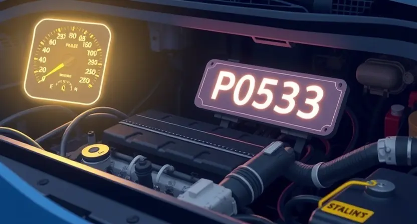 A detailed illustration of a car's engine bay, highlighting the P0533 diagnostic trouble code light illuminated on the dashboard. Focus on the engine components and wiring, with a subtle glow emanating from the light.