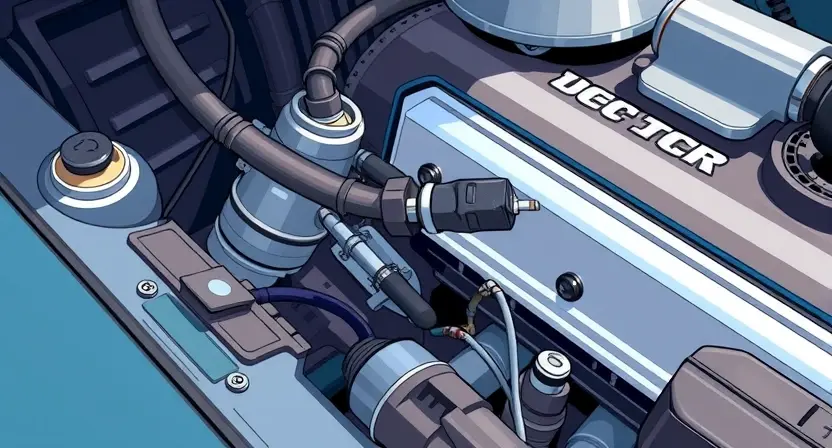 A detailed illustration of an automotive engine bay, focusing on the fuel injector and associated wiring. The injector should be clearly visible, with wires connected to it. The engine should be partially visible, showing components like the intake manifold and engine block. The overall lighting should be bright and realistic, highlighting the details of the engine components.