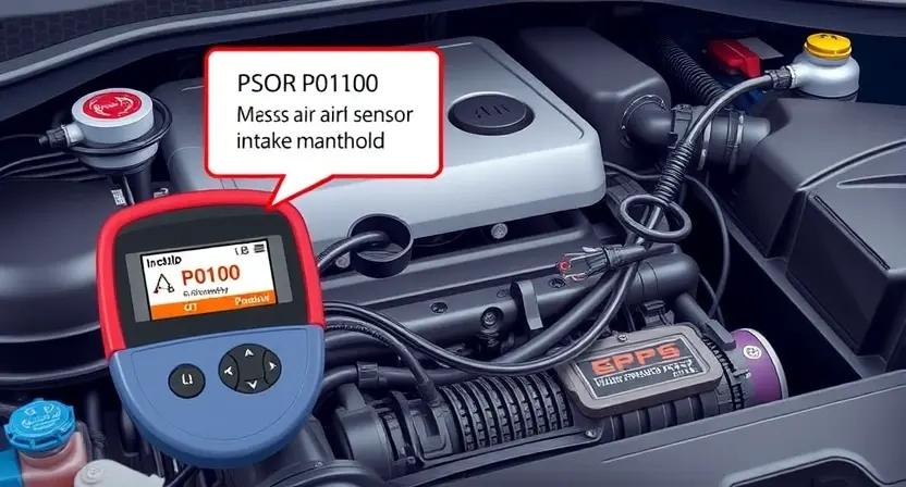 A detailed illustration of an automotive engine bay with a diagnostic tool connected to the engine's computer. Focus on the area where the P0100 error code might be related to, such as the mass airflow sensor or intake manifold. The engine should be partially visible, showing its components.